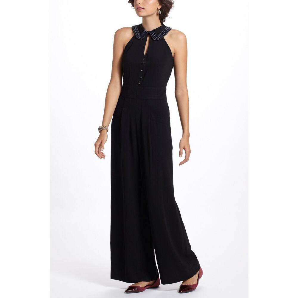Anthropologie x Elevenses Black Beaded Sleeveless Twee Wide Leg Jumpsuit Size 6